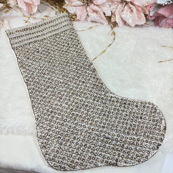 Tahari Gold Silver Beaded Christmas Holiday Stocking 22" - Picture 2 of 7